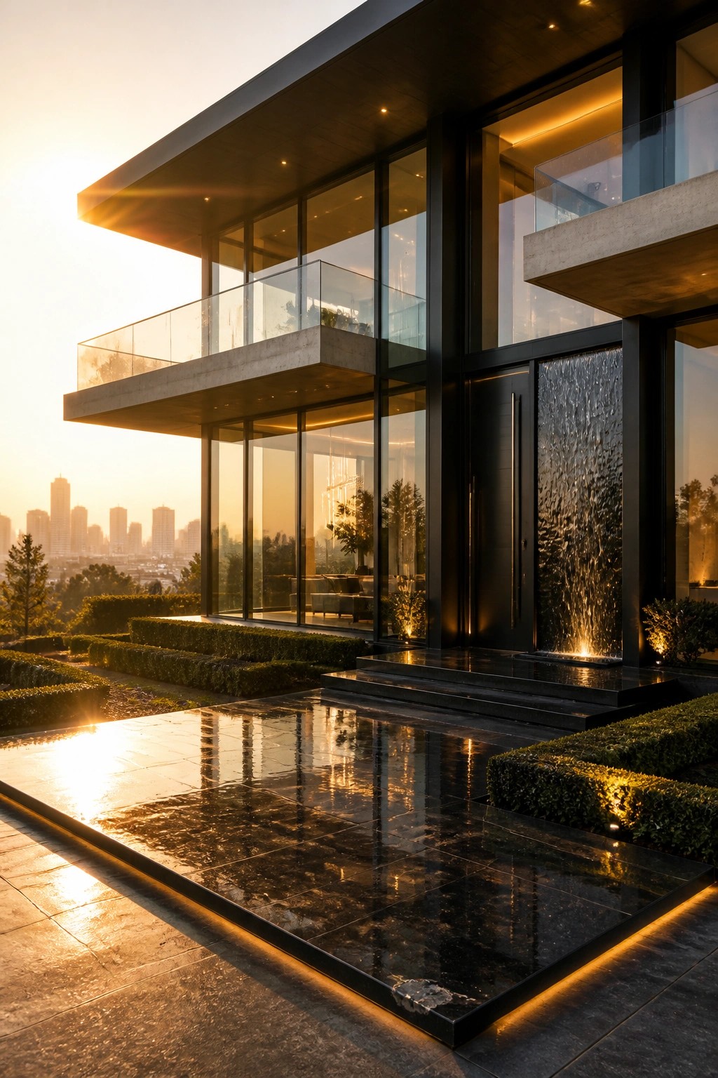 Modern house exterior at sunset with black entry door, adjacent cascading water wall, and large reflecting pool in the foreground.