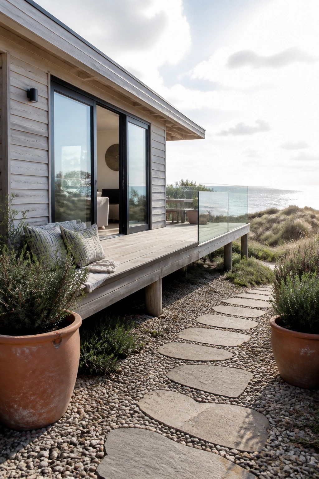 A light wood contemporary house with large black-framed sliding doors opening onto a low wooden deck with glass railings, set above a gravel and stone path with terracotta pots.