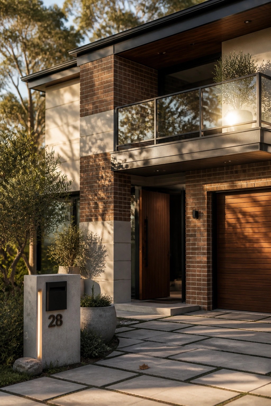 Modern brick house with wooden door, garage, glass balcony, and mailbox 28.