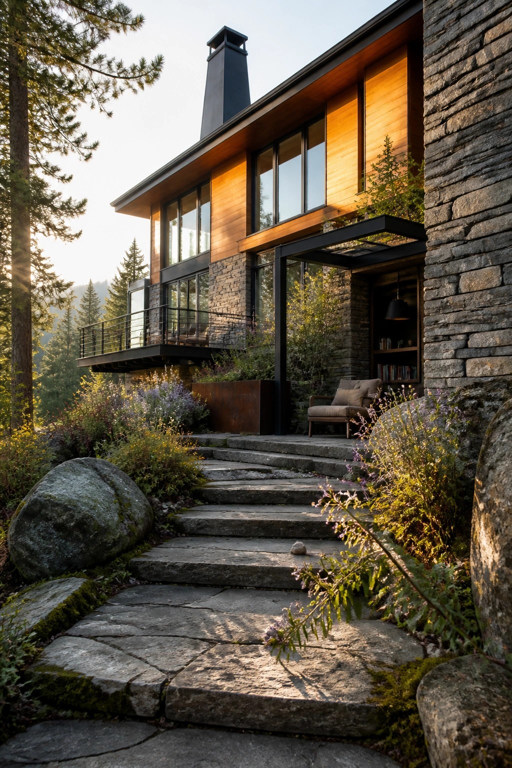 Modern two-story house exterior featuring stacked stone walls, horizontal wood siding, large black-framed windows, a dark metal chimney, and stone steps leading through natural landscaping.