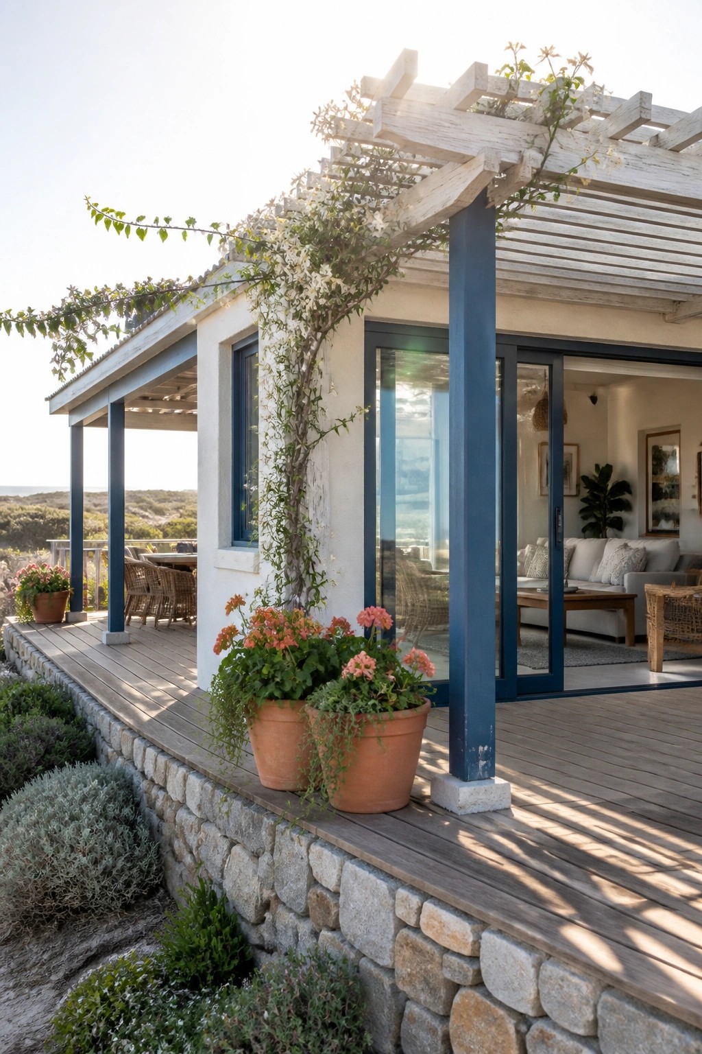 A wooden deck with a white pergola, blue posts, terracotta pots of flowers along the stone wall edge, and open sliding doors into a living room.