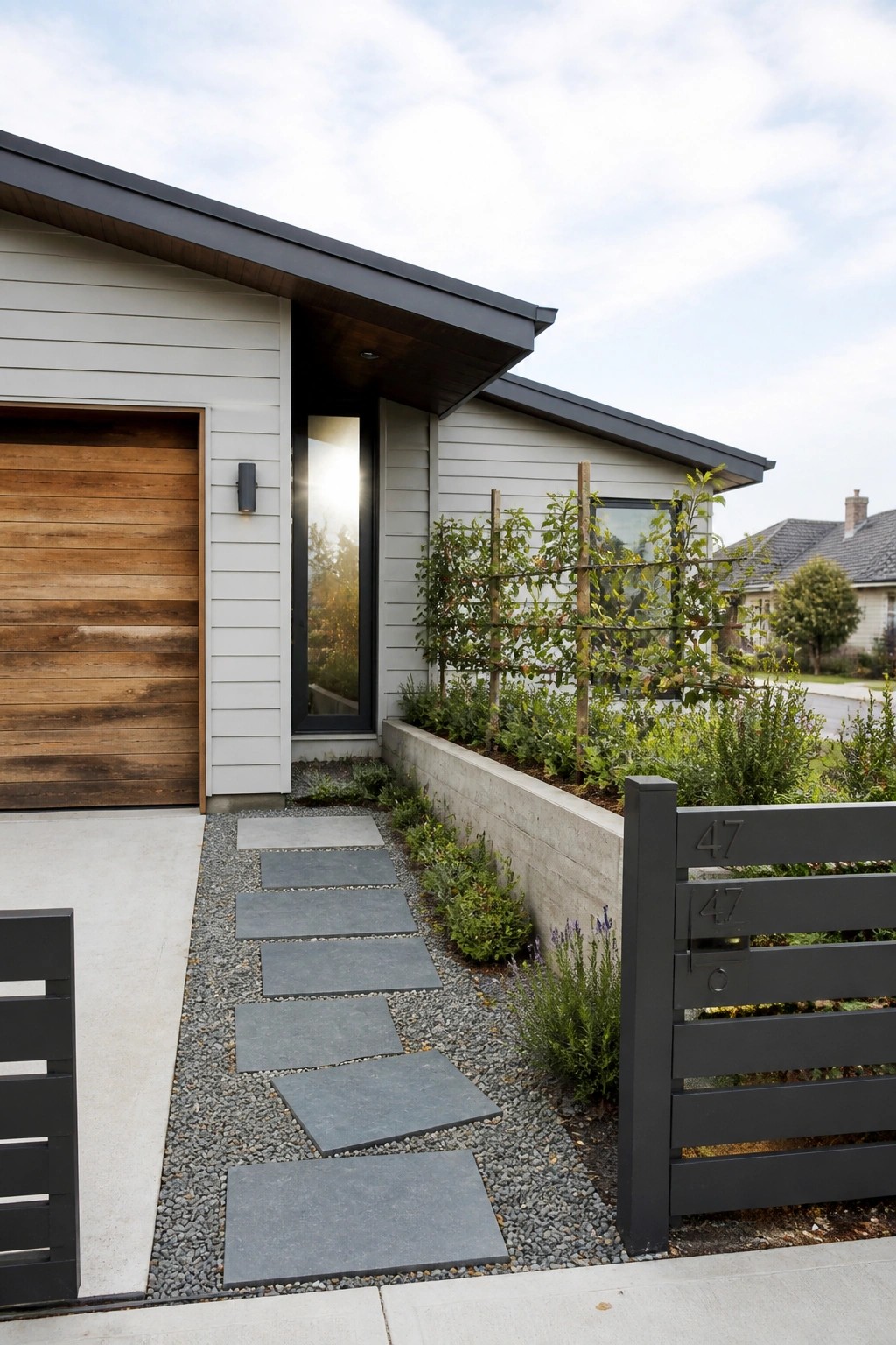 Modern house exterior with white horizontal siding, a wooden garage door, black window frames, a gravel path with stepping stones, and a dark fence with the number 47.