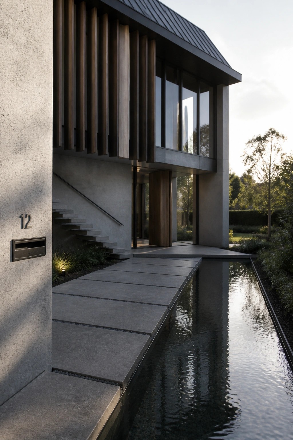 Modern concrete house exterior featuring vertical wood slats, large windows, and a long reflecting pool beside a stone walkway.