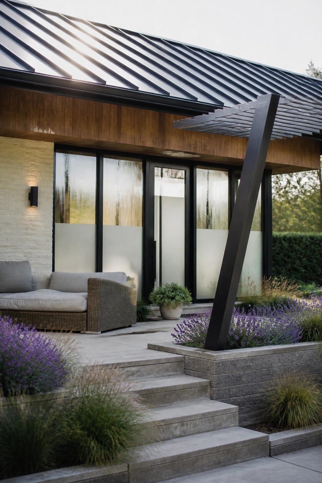A contemporary house exterior featuring horizontal wood siding, a black metal roof, large windows, concrete steps, and surrounding lavender landscaping with a dark metal pergola structure.