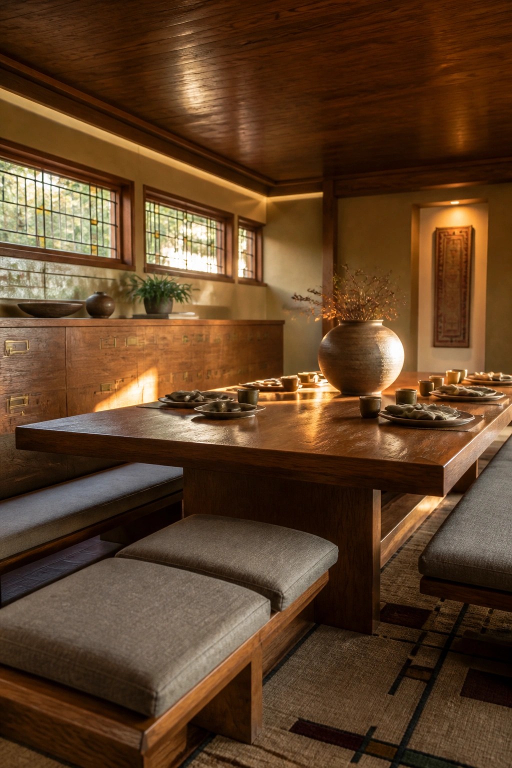 Wooden table set with plates, gray cushions, large vase in sunlit Japanese room
