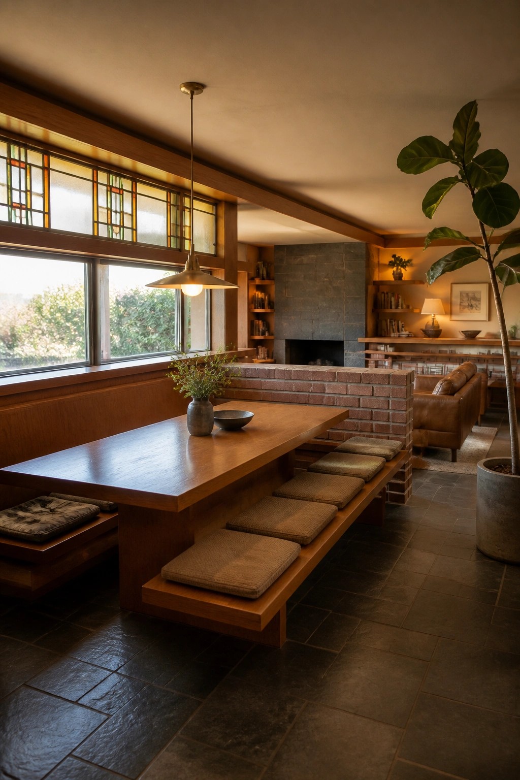 Interior view of a wooden dining table with built-in cushioned benches beside large windows and a brick fireplace.