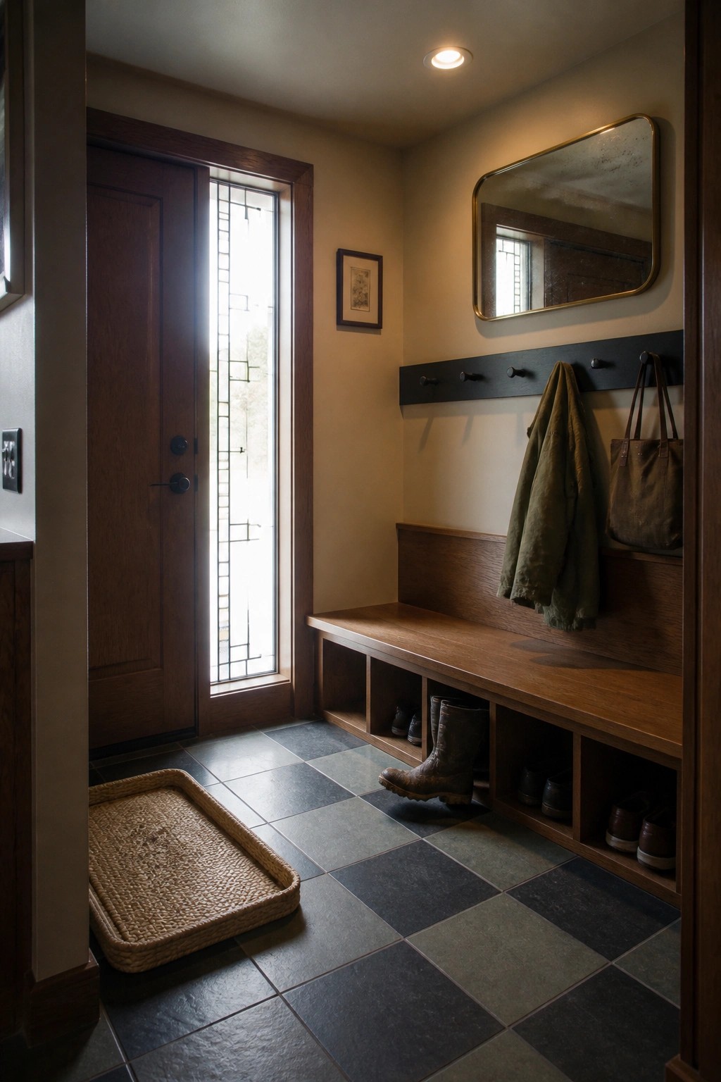 A wooden built-in bench with open cubby storage sits against a wall in a tiled entryway next to a front door with a glass sidelight, with a coat rack and mirror above.