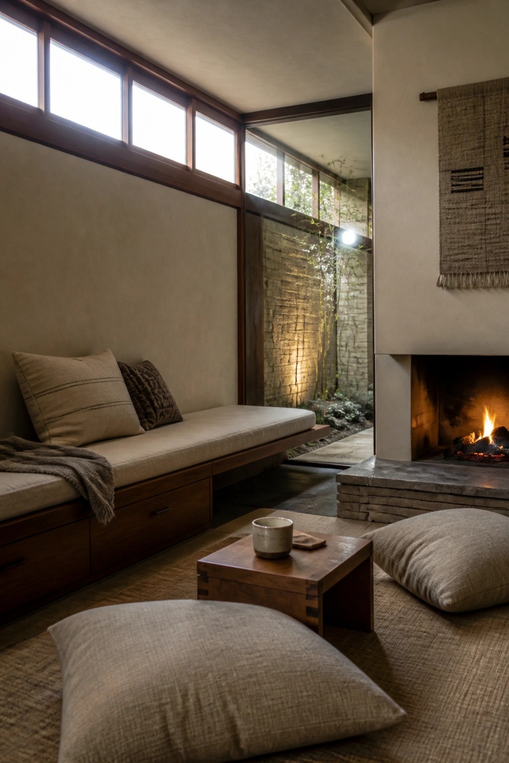 An interior room with a long built-in wooden bench and storage drawers under a row of clerestory windows, a stone fireplace on the right wall, and floor cushions around a low wooden table.