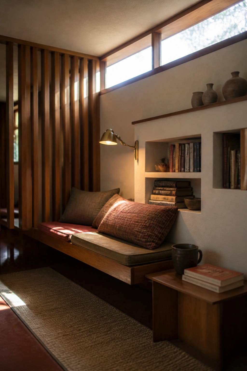 A wooden built-in bench with cushions is positioned below recessed bookshelves holding books and pottery, with a wall sconce above and vertical wood paneling on the left.