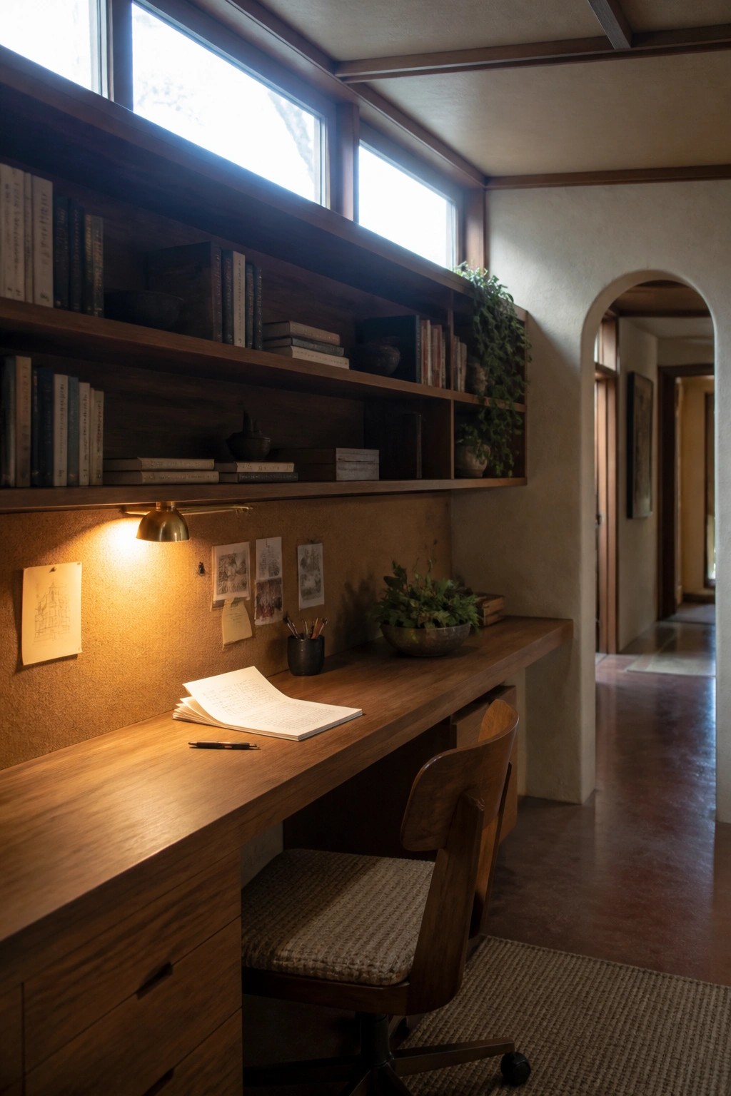 A wooden built-in desk with overhead bookshelves sits under large windows next to a chair, with papers pinned to a corkboard wall.