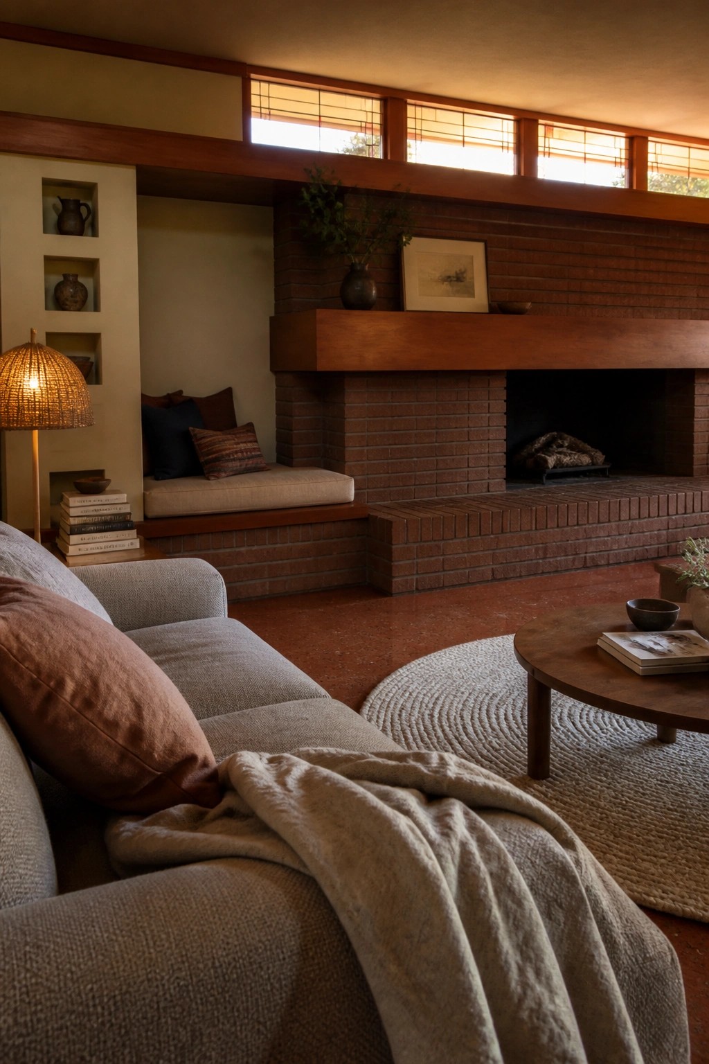 A living room with a brick fireplace, wooden mantel, recessed wall niches holding pottery, a floor lamp, and a sofa with pillows in the foreground.