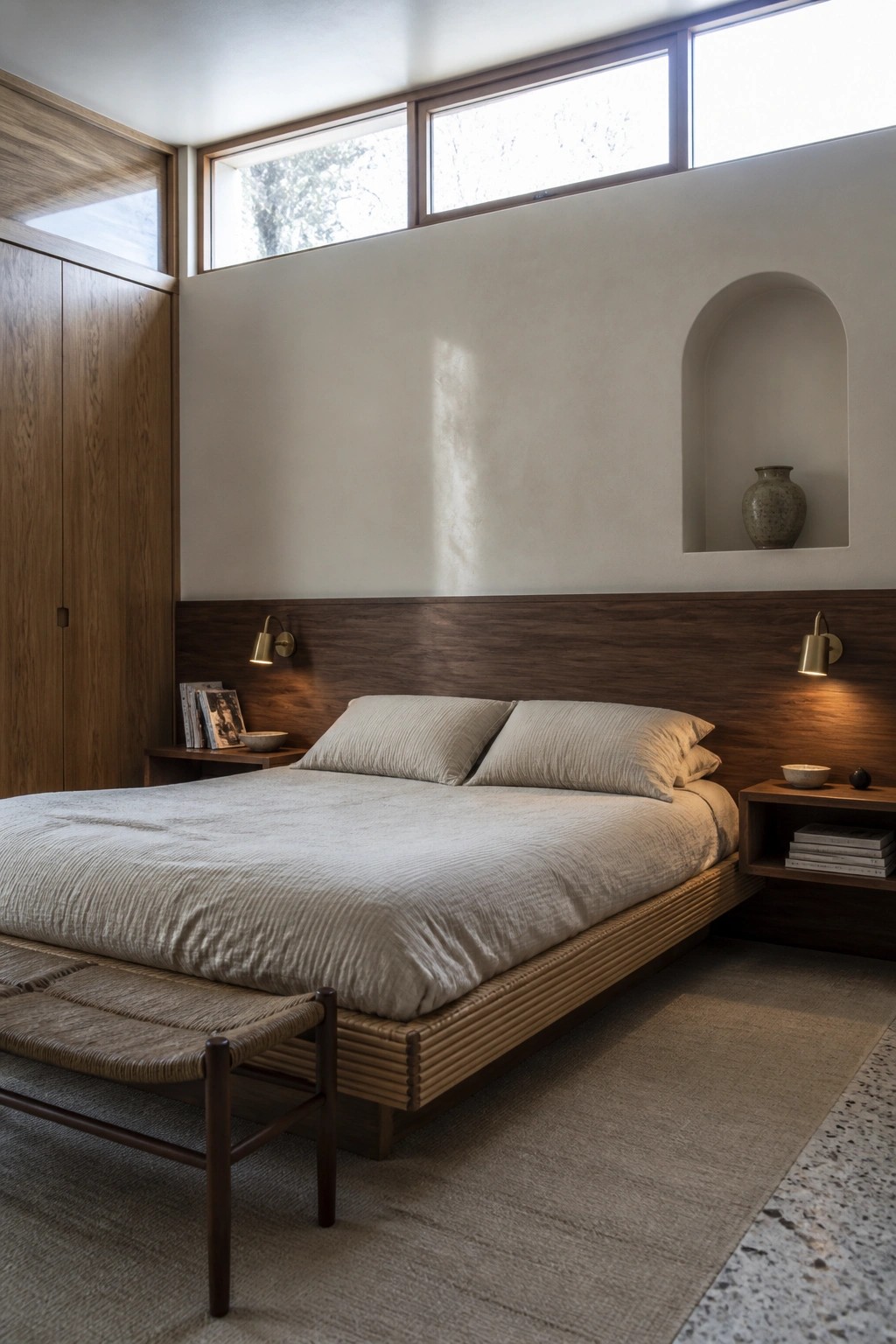 A bedroom featuring a low platform bed with a continuous wood headboard wall, wall sconces, and built-in nightstands on both sides.