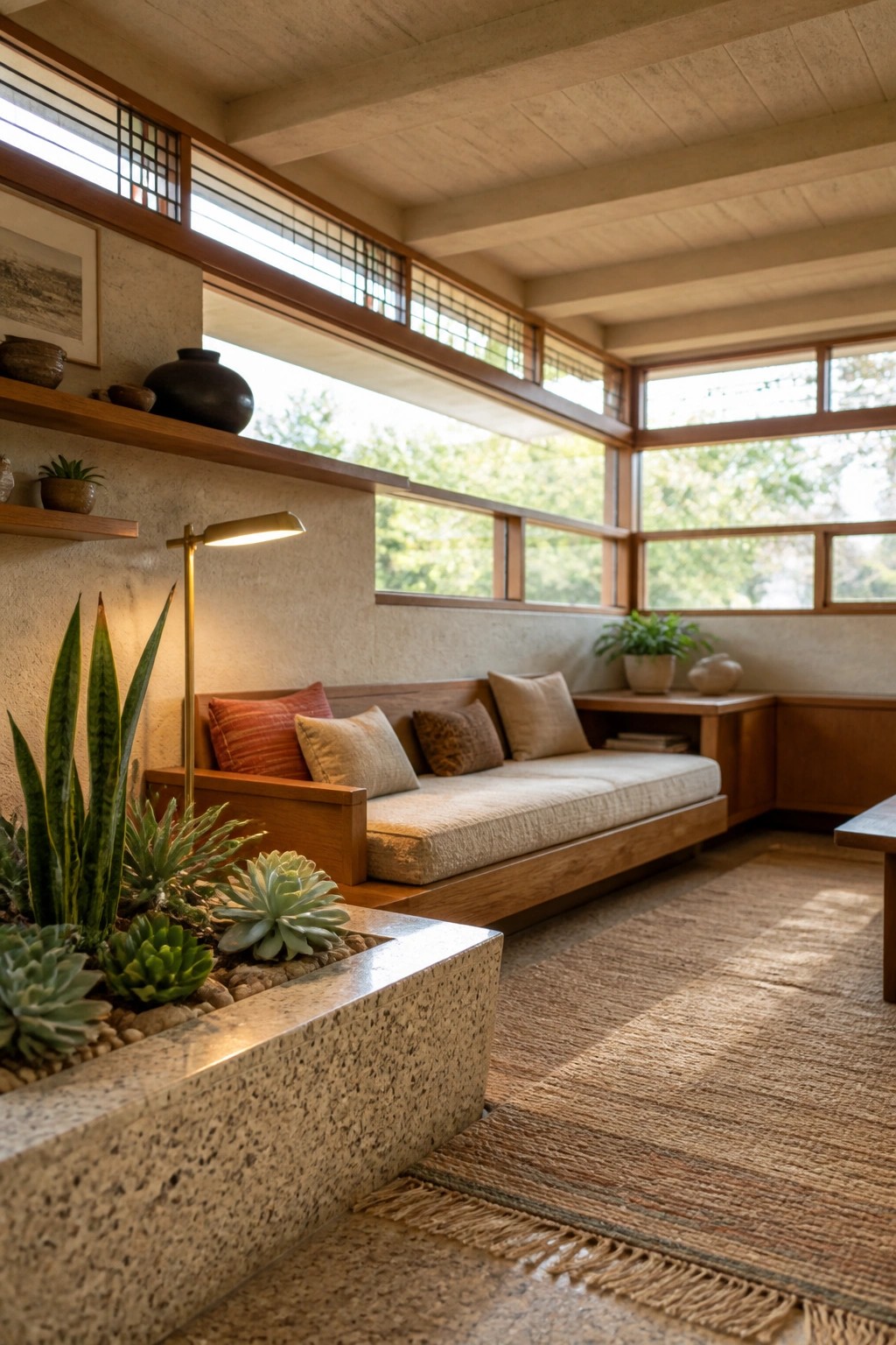 A wooden built-in sofa with cushions runs along a wall beneath windows, with a stone planter holding succulents positioned directly in front of it.
