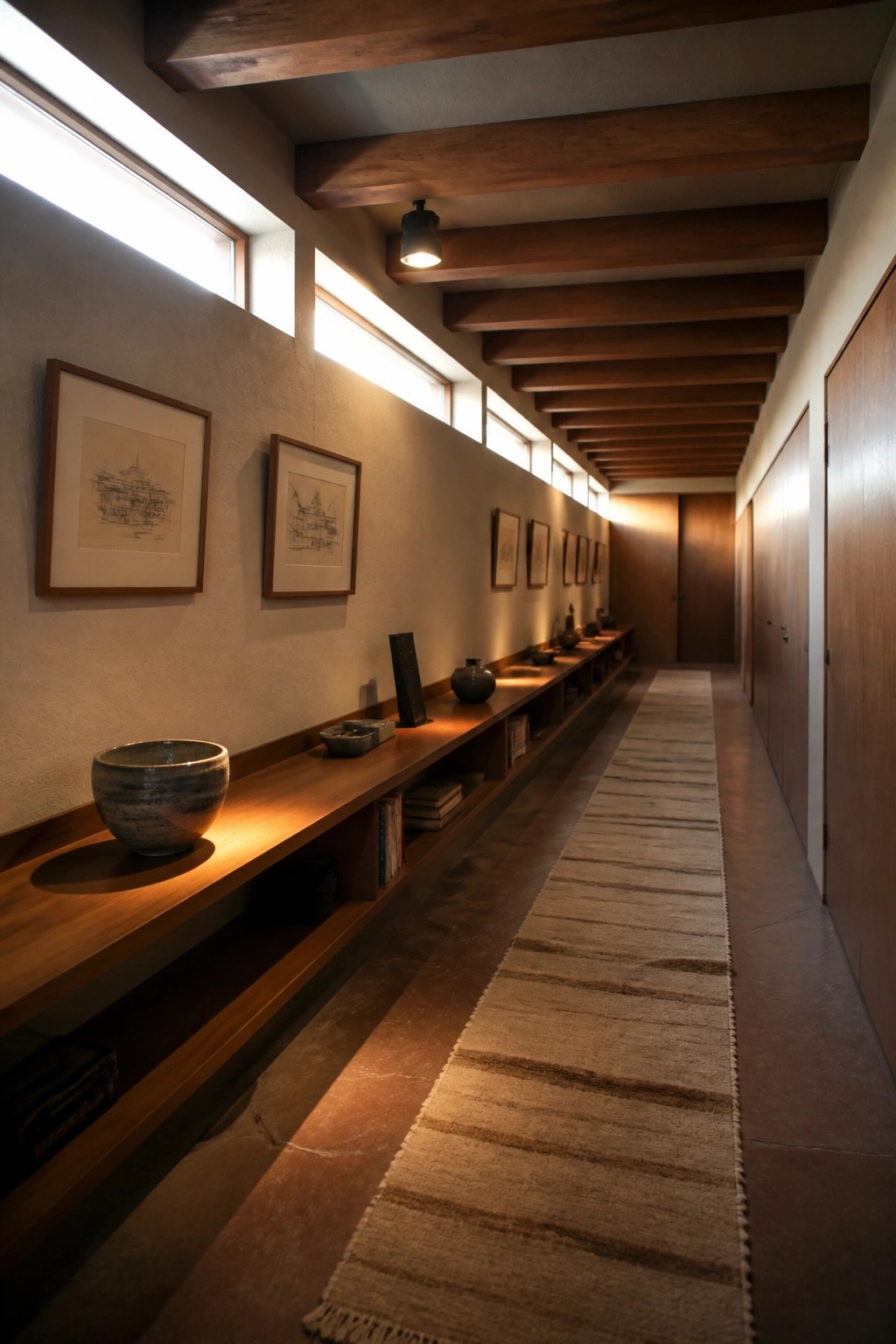 A long narrow interior hallway with continuous wooden built-in shelving along one wall holding pottery, books, and framed sketches, a striped runner rug on the concrete floor, and exposed wooden ceiling beams.