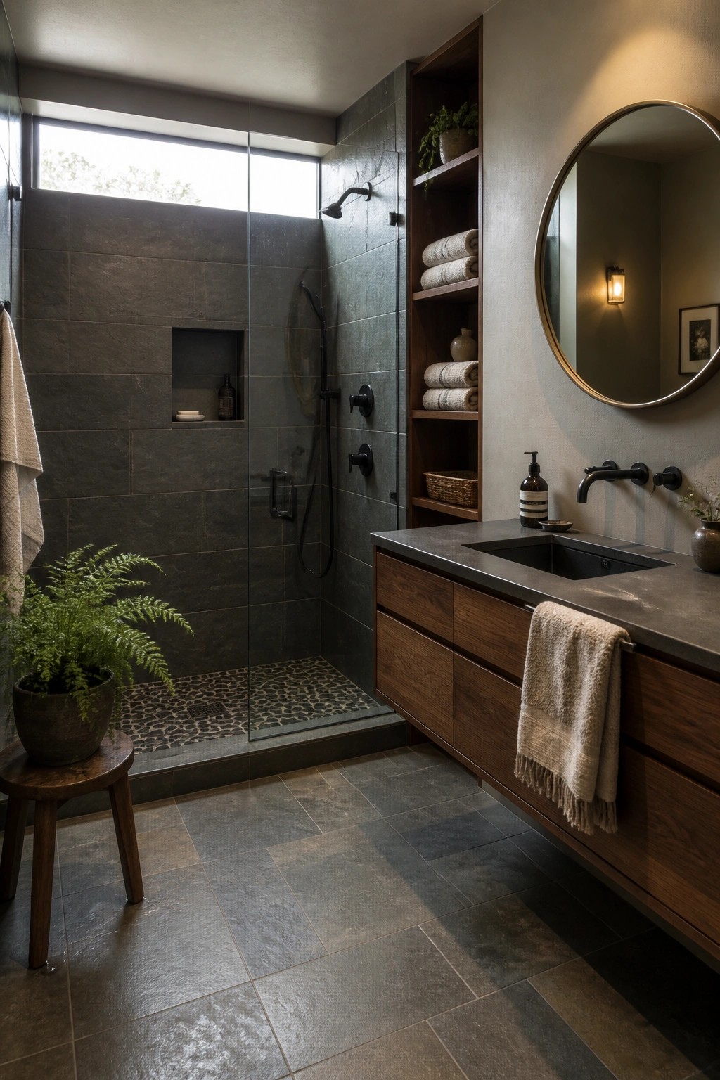 A modern bathroom with dark tiled shower walls, a glass enclosure, wooden built-in open shelving holding folded towels, a dark stone vanity with wood drawers, and a round mirror above the sink.