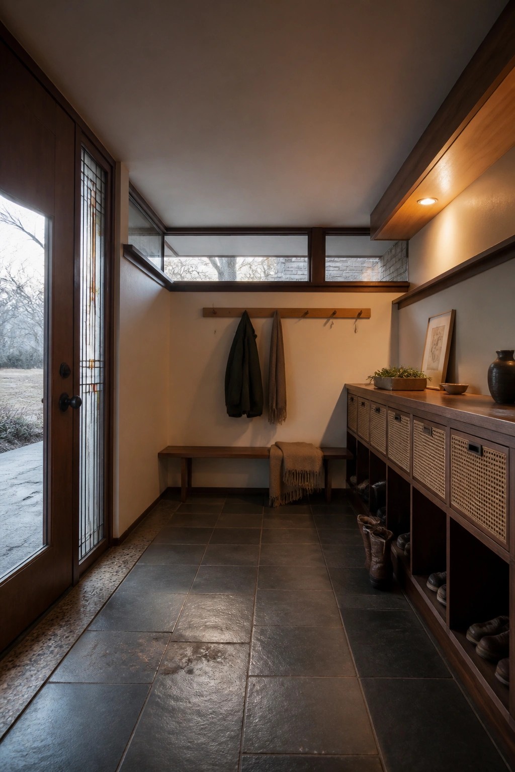 Narrow mudroom with wooden bench, coat hooks, woven cabinets, and dark tiled floor