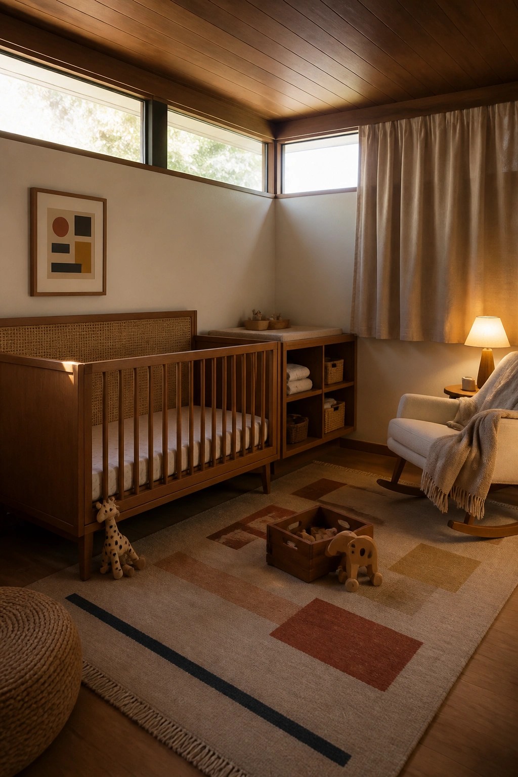 Mid-century modern nursery with wooden crib, rocking chair, and geometric rug.