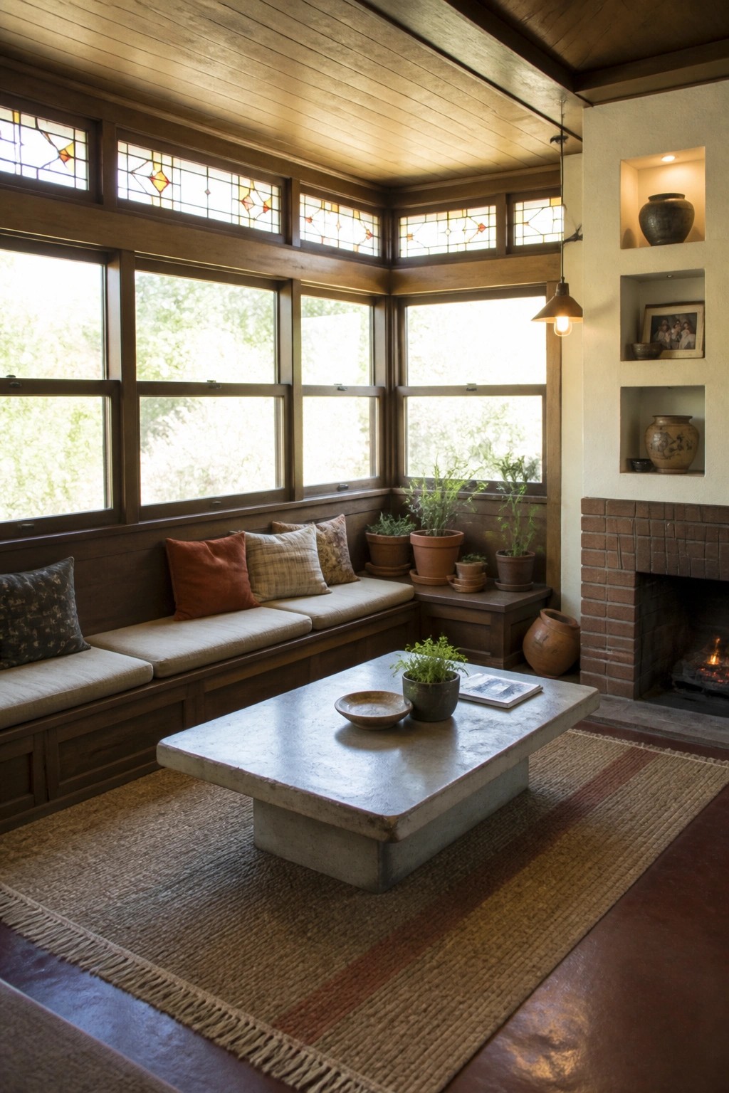 A cozy interior room with built-in window seating, a concrete coffee table on a rug, and a brick fireplace on the right.