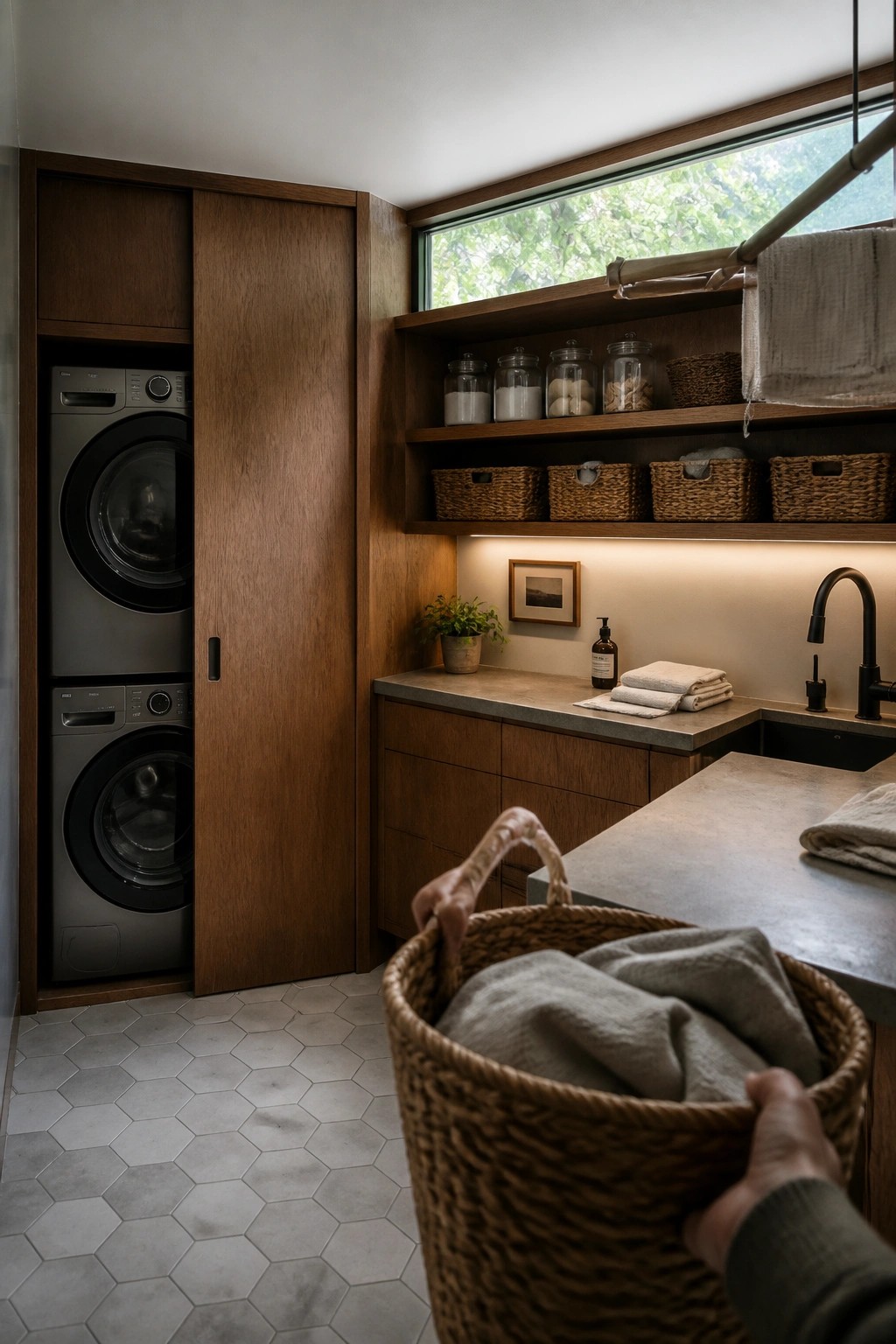Hands holding wicker laundry basket in modern wood laundry room with shelves and window
