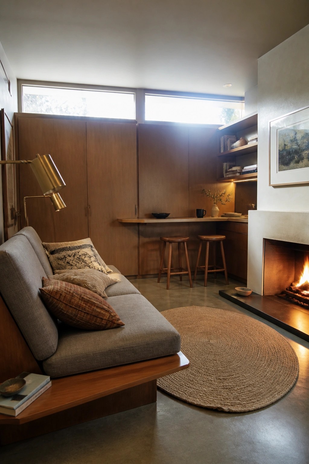 A living room with a low gray sofa, wooden built-in cabinets along the back wall, two wooden stools at a counter, a lit fireplace on the right, and a round woven rug on the concrete floor.