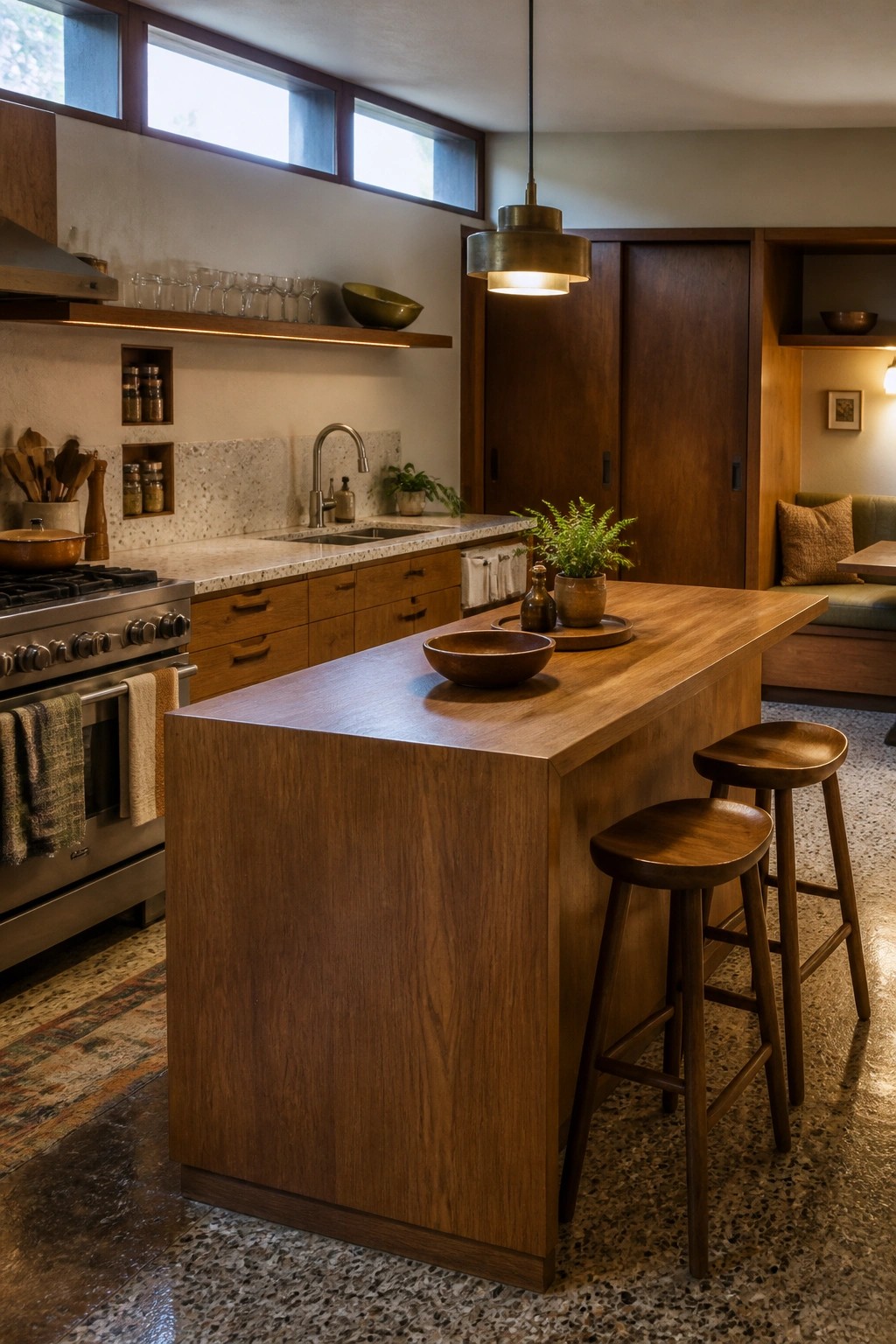 A kitchen interior with a large wooden island, two wooden stools, a stainless steel range, and overhead windows.