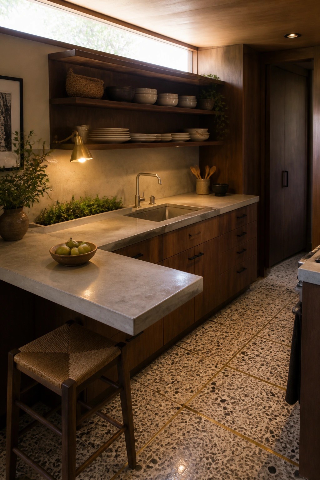 A kitchen with dark wood open shelves holding white dishes above a concrete countertop and sink, wood cabinets below, and a woven stool at the island.