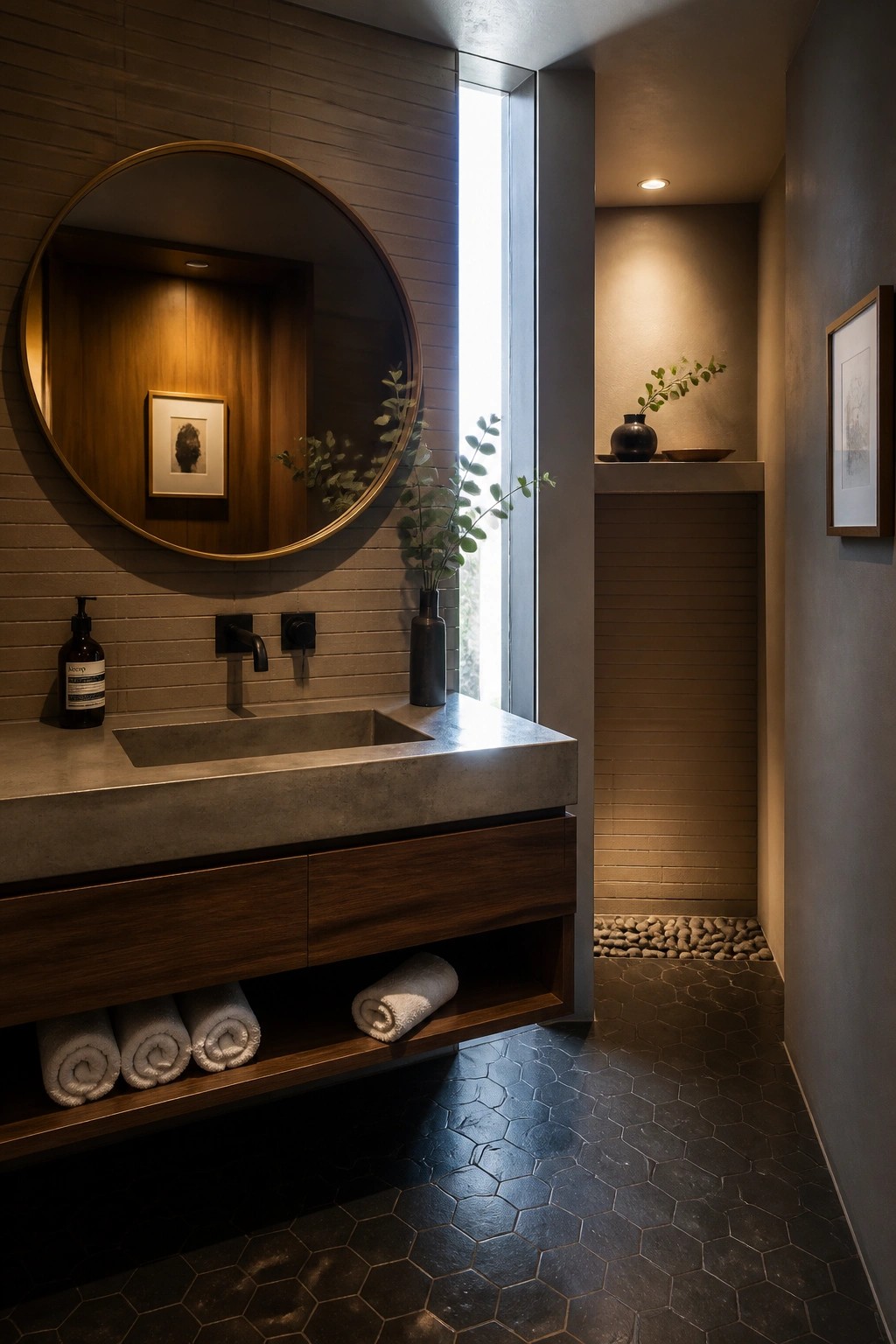 Modern bathroom with round gold mirror, concrete sink, and hexagonal floor tiles