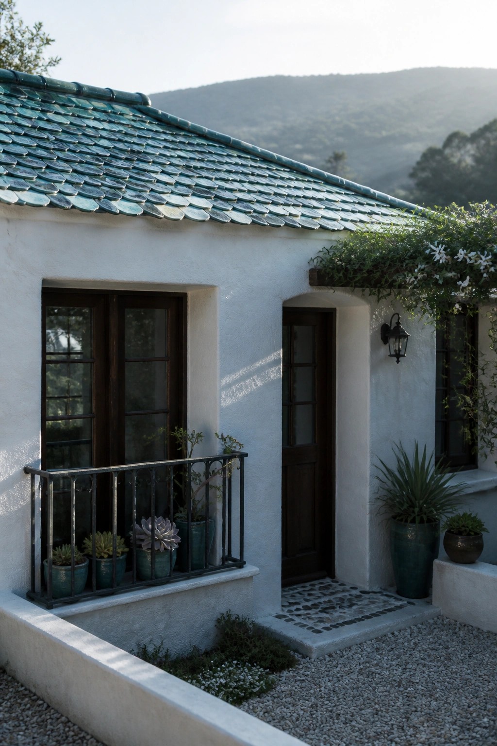 A small white stucco house with a teal Mediterranean tile roof, dark wood door and windows, and potted plants beside the entrance.