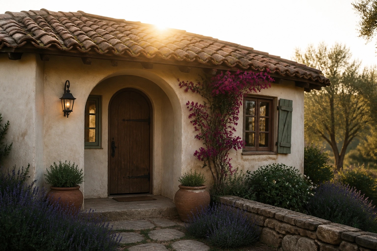 A small stucco house with a terracotta tile roof, arched wooden door, window with green shutters, and lavender plants beside a stone path.