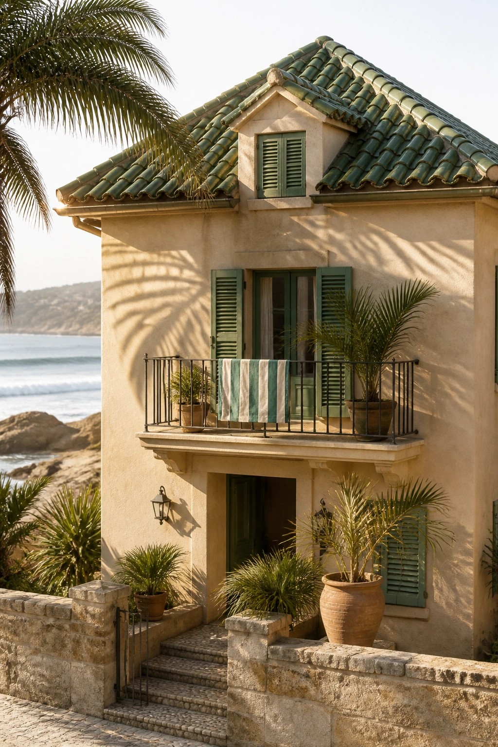 A small stucco house with a green clay tile roof, green shutters, and a balcony facing the ocean.