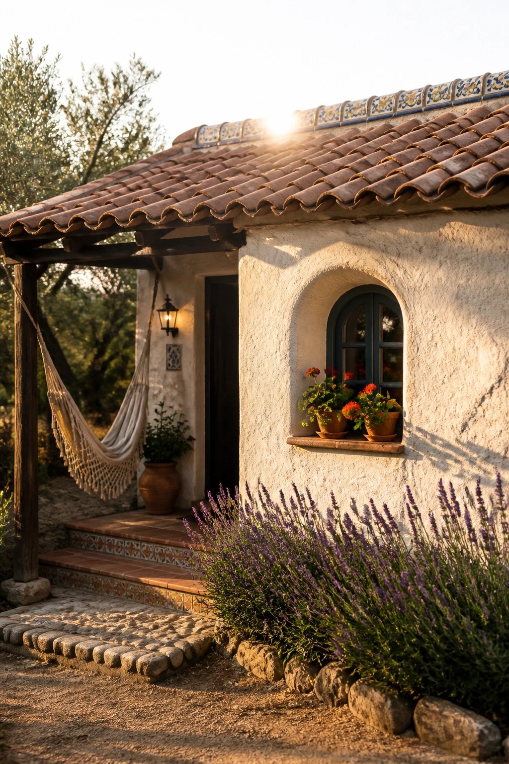 A small white stucco house with a terracotta tiled roof that has a colorful patterned border along the eaves, an arched window with potted flowers, and lavender growing beside the steps.