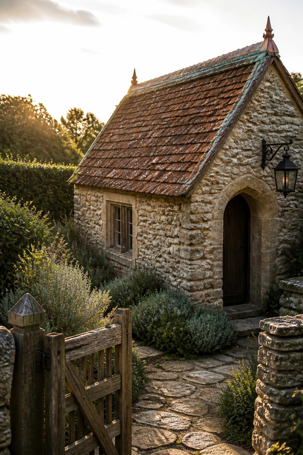 A small stone cottage with a steep roof of weathered terracotta tiles, an arched wooden door, and a lit wall lantern beside a stone path and wooden gate.