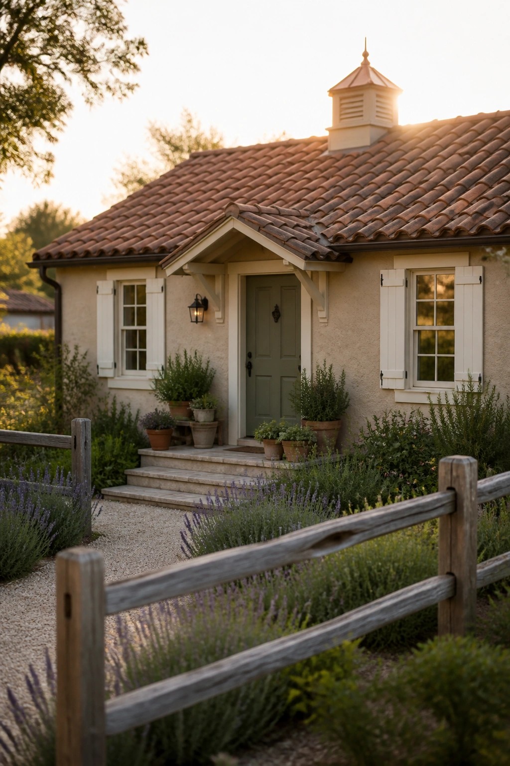 A small stucco house with a reddish-brown terracotta tiled roof, green front door, white shutters, and potted plants beside the steps.