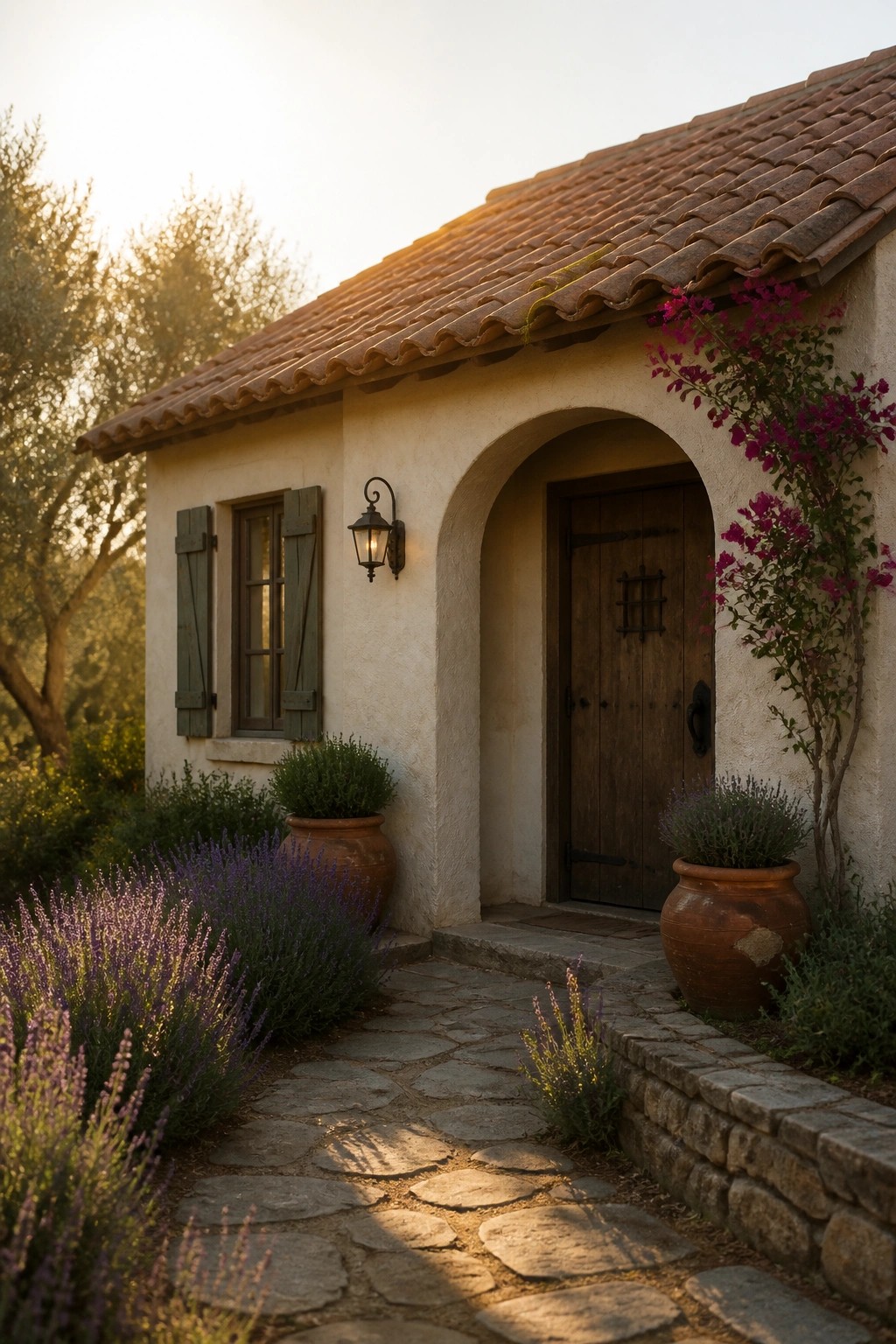 A small stucco house with a terracotta tile roof, arched wooden door, window with green shutters, and lavender plants beside a stone path.