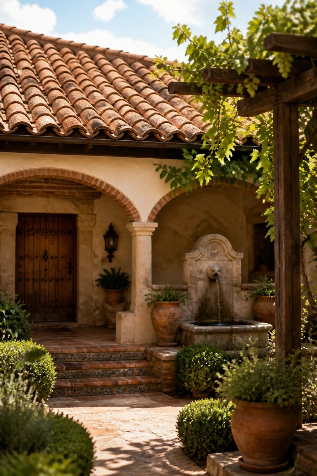 A Mediterranean-style house exterior with curved terracotta roof tiles, arched entryways, a stone fountain, and terracotta pots with greenery.