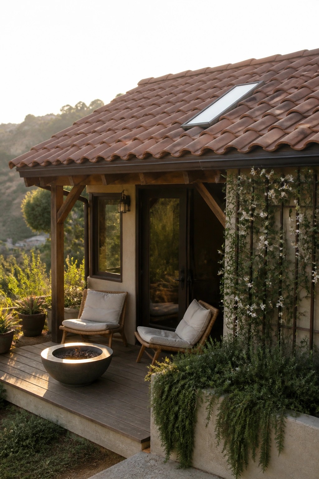 A small home exterior with terracotta roof tiles, a skylight, and a wooden deck furnished with two chairs and a fire pit.