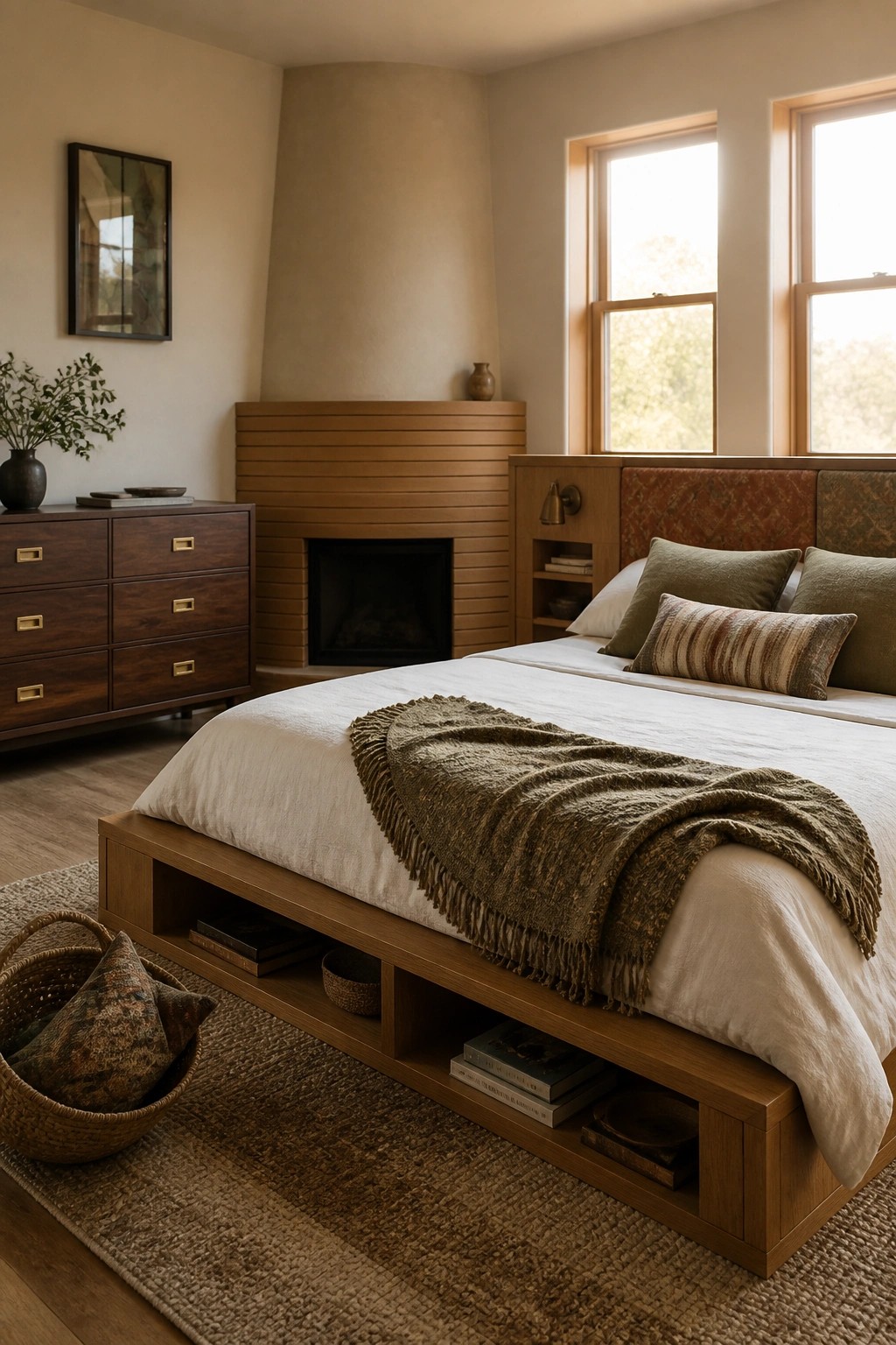 A bedroom with a low wooden platform bed that has open storage cubbies underneath, set against a wall with built-in cabinetry and a fireplace.