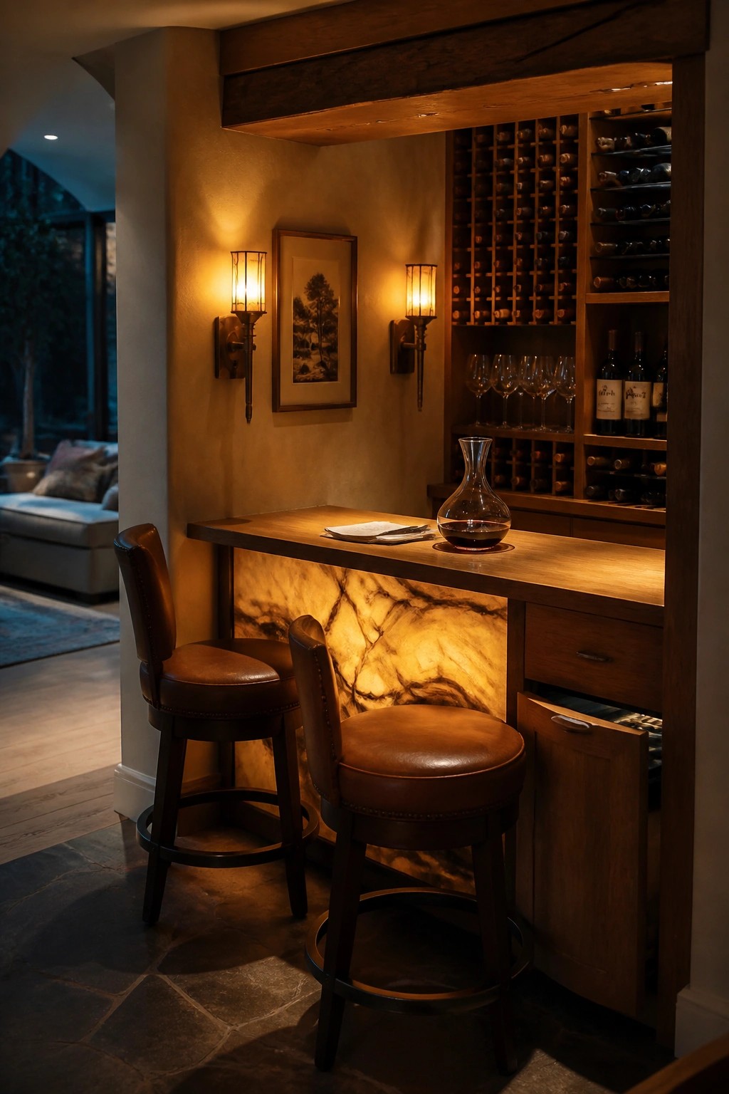 A home bar with two leather stools at a wooden counter, a backlit stone base, wall sconces, framed art, and built-in wooden wine racks.