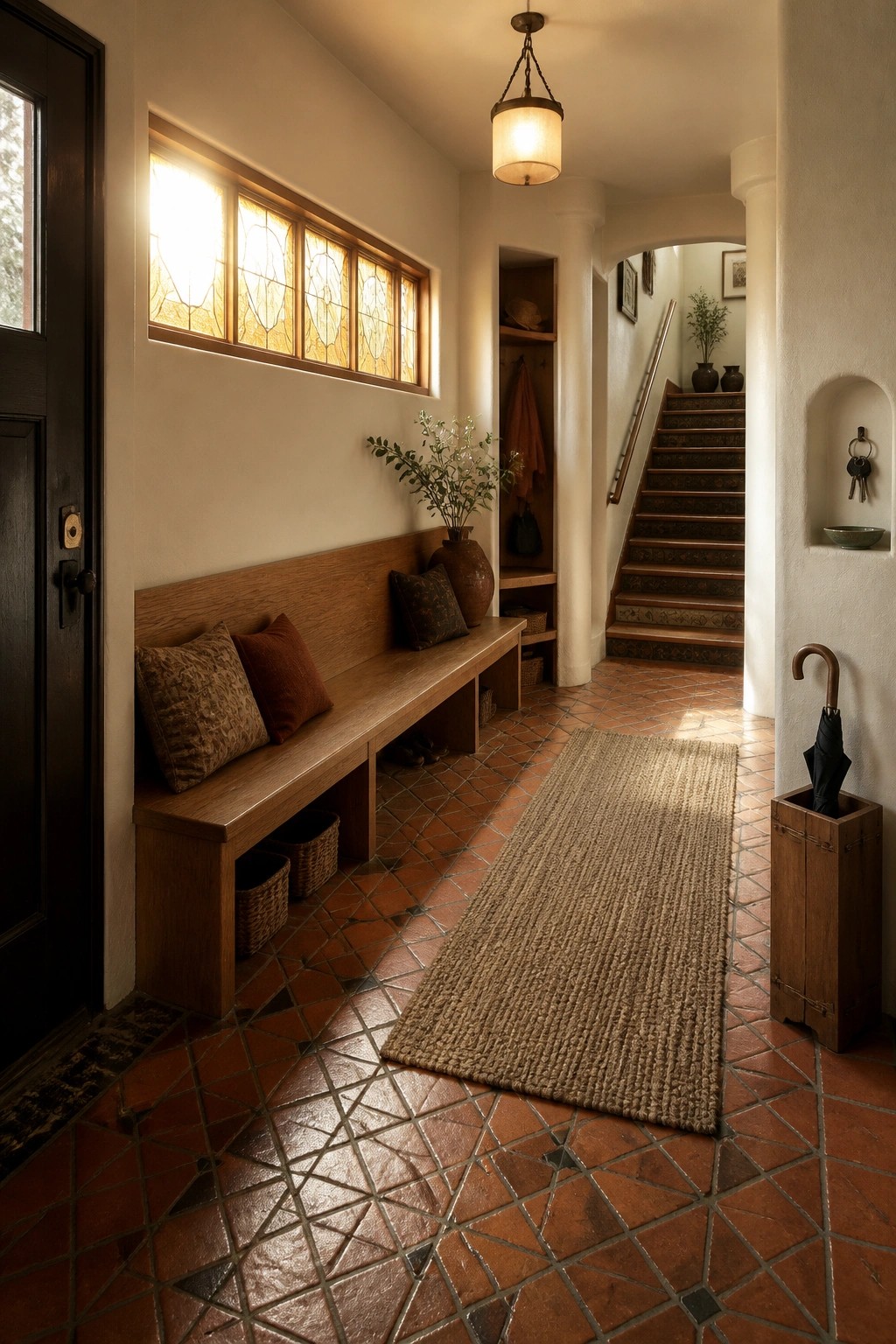 A long wooden built-in bench with pillows sits below a horizontal stained glass window in a red-tiled entryway with a staircase visible in the background.