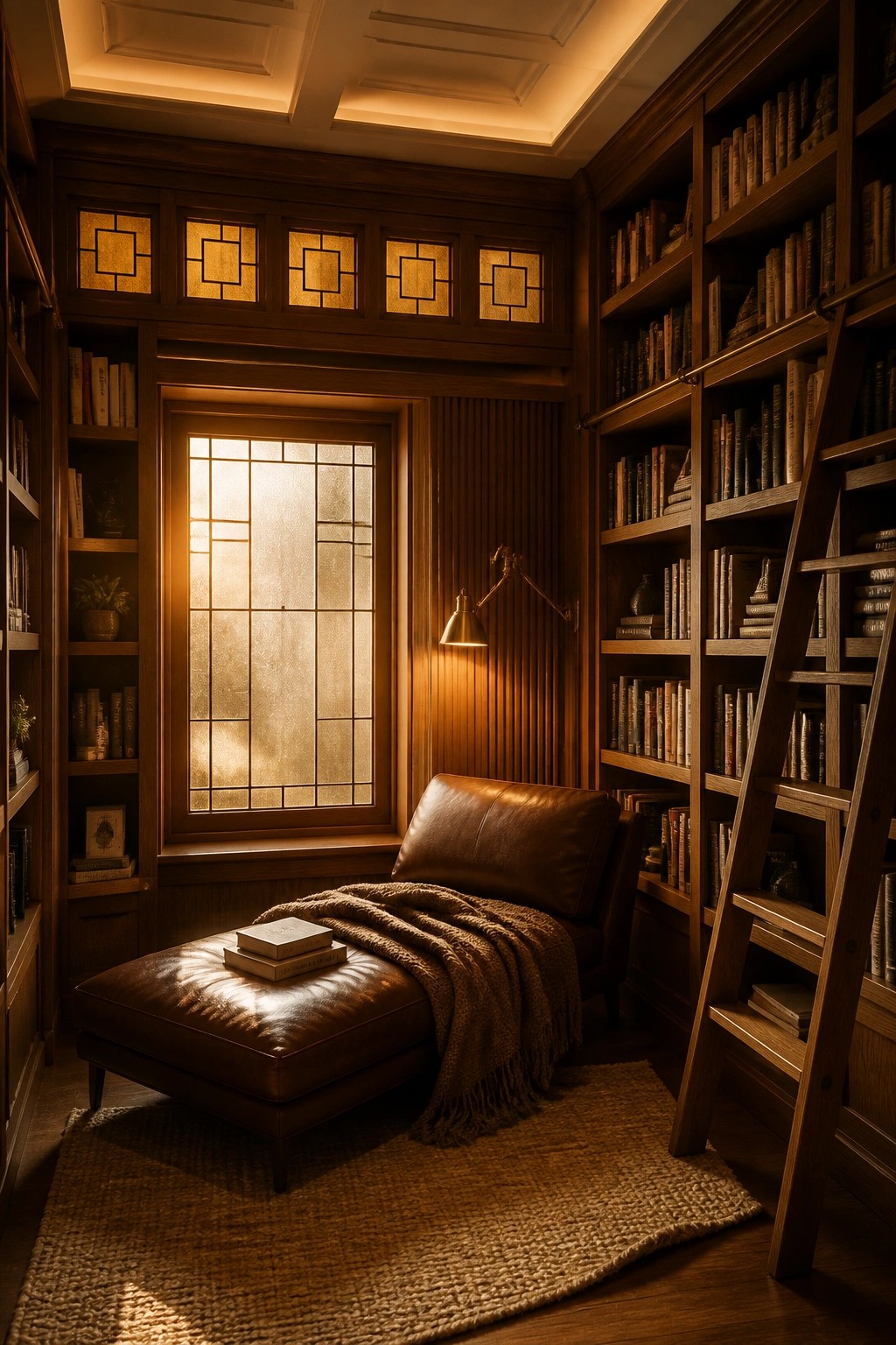 Cozy wooden library with leather chaise, full bookshelves, ladder, and sunlit window.