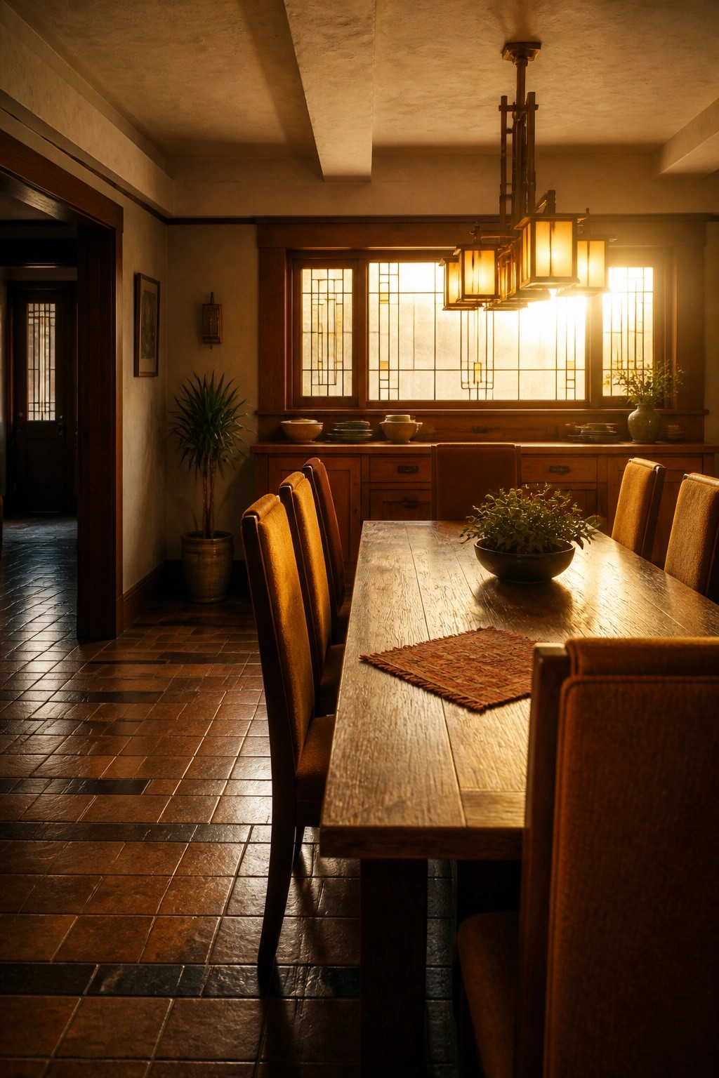 Sunlit dining room with wooden table, orange chairs, and glowing chandelier.