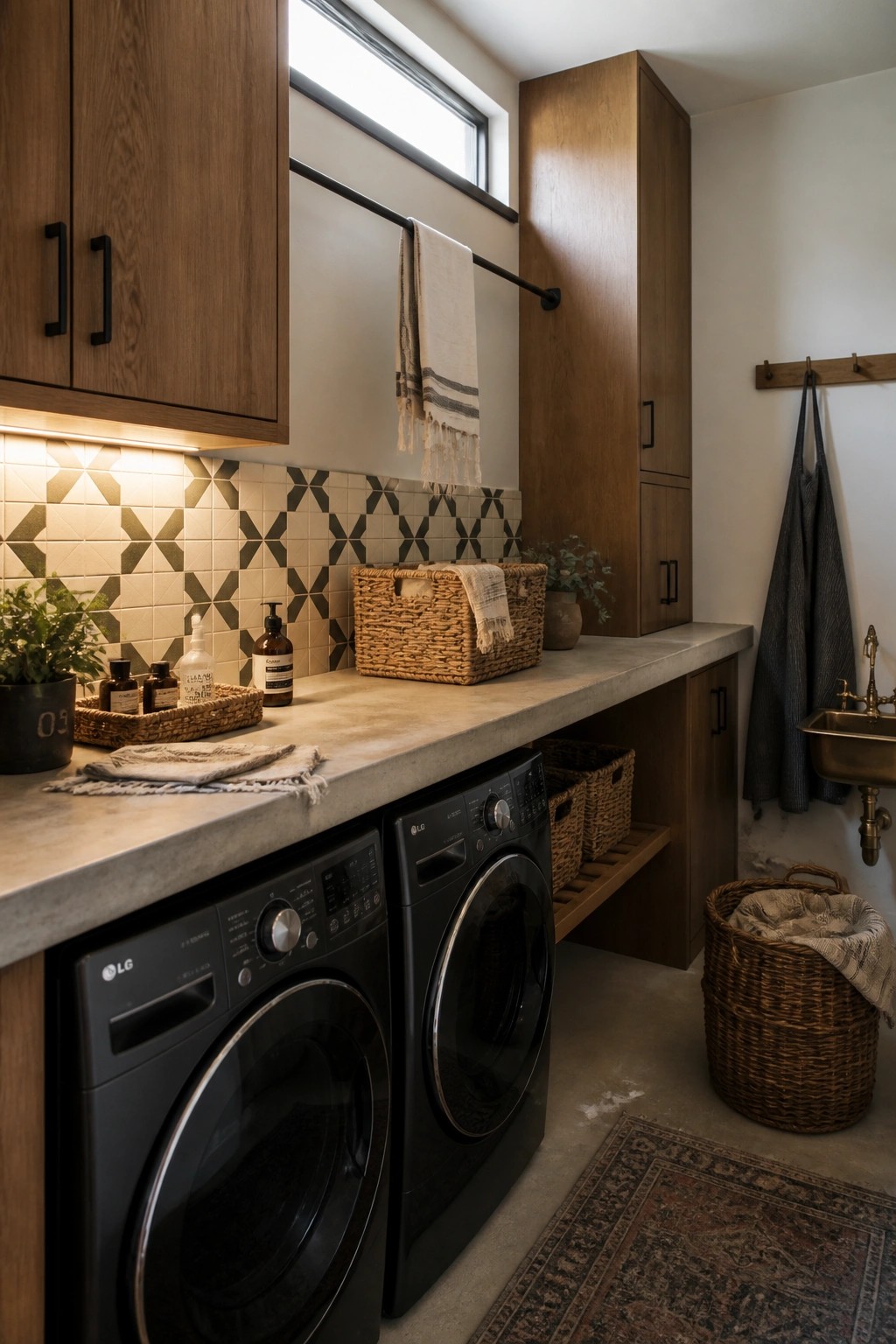A laundry room featuring two black LG front-loading machines beneath a concrete countertop, with wooden upper and lower cabinets, a geometric tile backsplash, and woven baskets on the counter and floor.