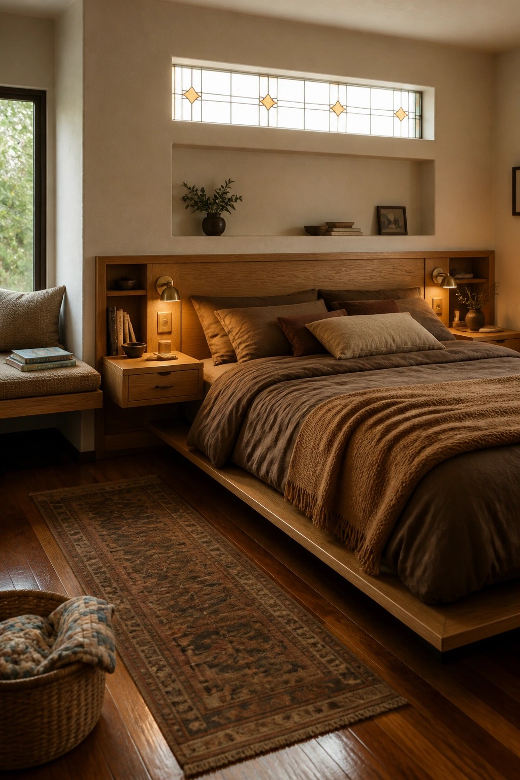 A bedroom featuring a low wooden platform bed with a tall built-in headboard that includes recessed shelves on both sides, wall sconces, and a long horizontal window above.