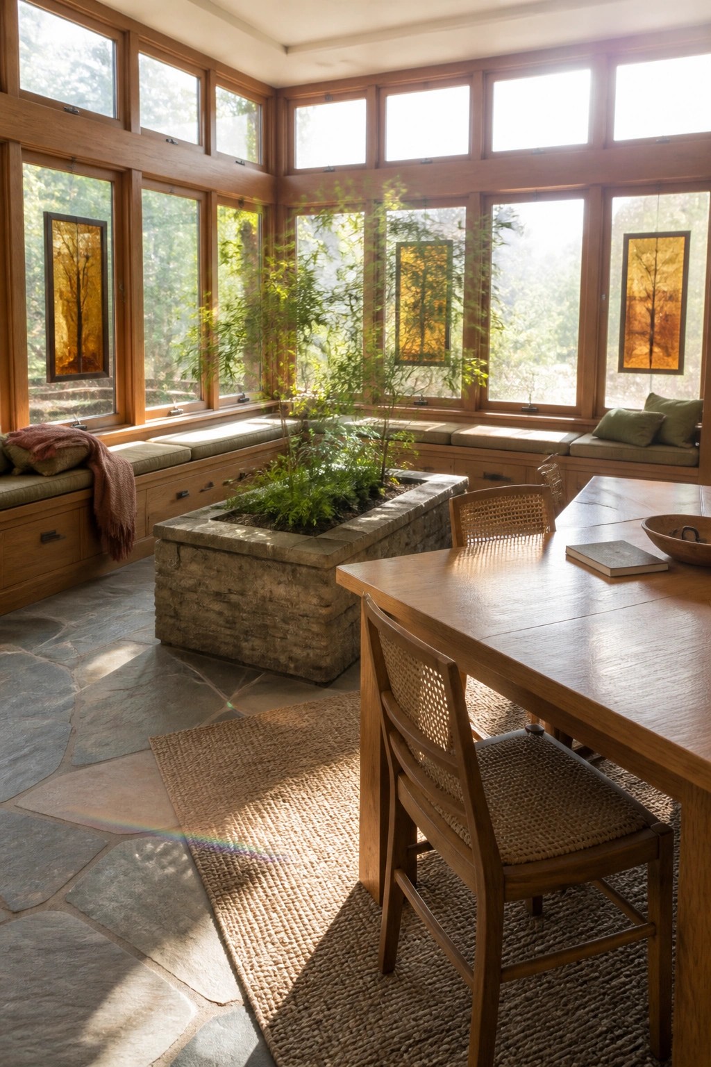 A bright dining room with a large wooden table, woven chairs, and a central stone planter filled with greenery, surrounded by wide windows and built-in bench seating.
