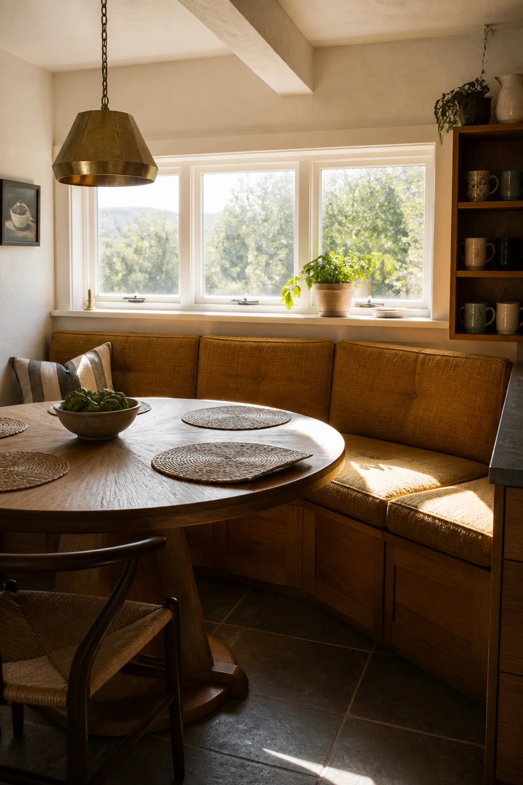 A round wooden dining table sits in front of a long mustard yellow built-in banquette beneath three windows in a sunlit room.