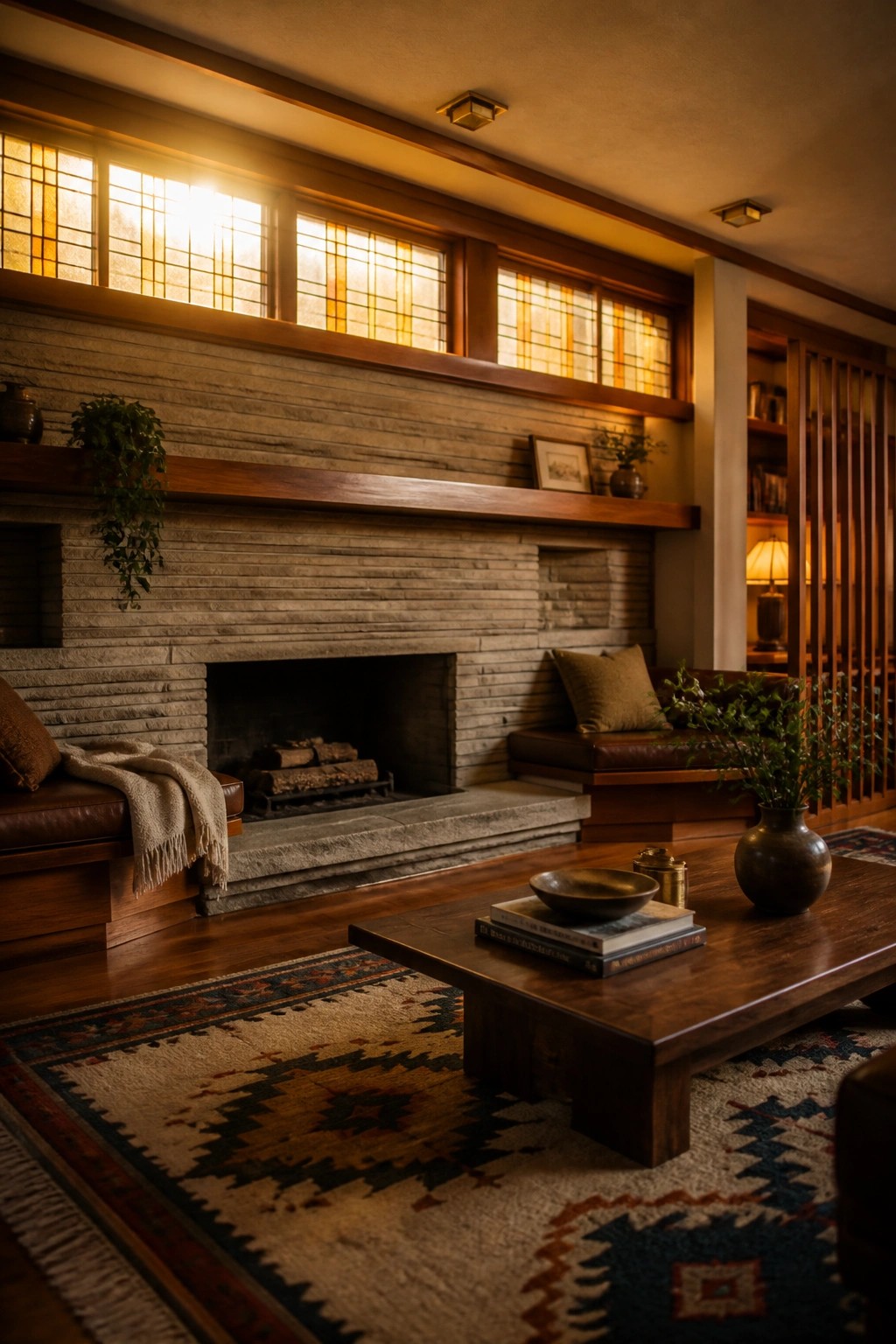 A living room with a large stone fireplace, built-in leather seating on both sides, a long wooden shelf above the hearth, and stained glass clerestory windows.
