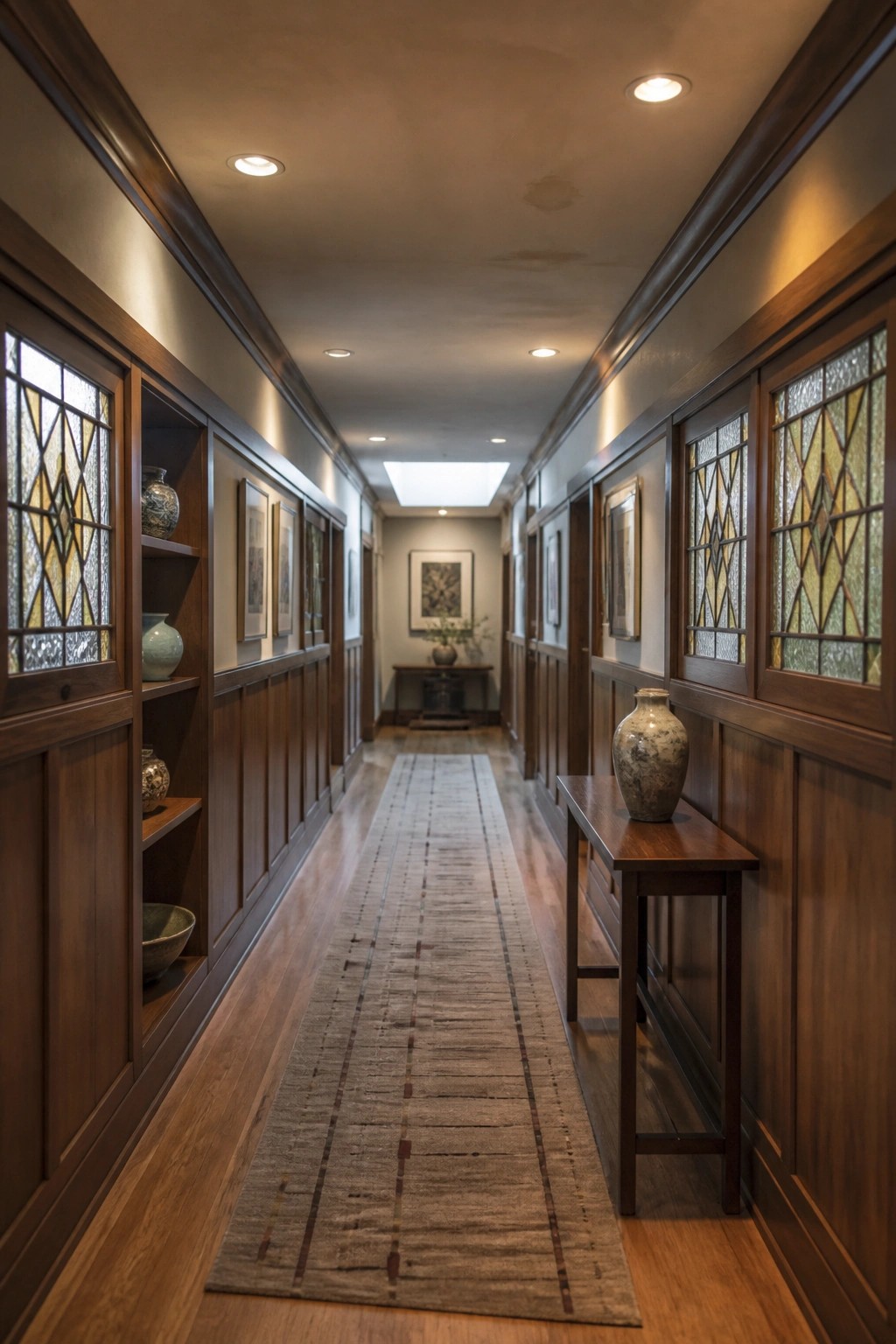 A long interior hallway with dark wood built-in shelving, leaded glass cabinet doors, a runner rug, and a small console table holding a ceramic vase.