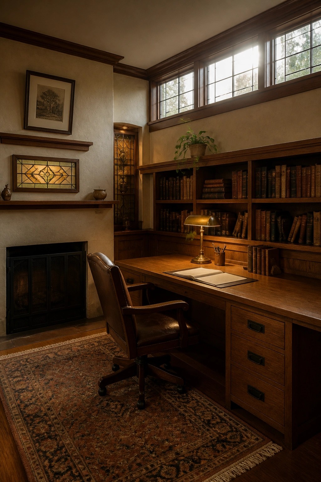 A wooden desk with an open book and brass lamp sits in front of built-in bookshelves in a study with a leather chair and a fireplace on the left.
