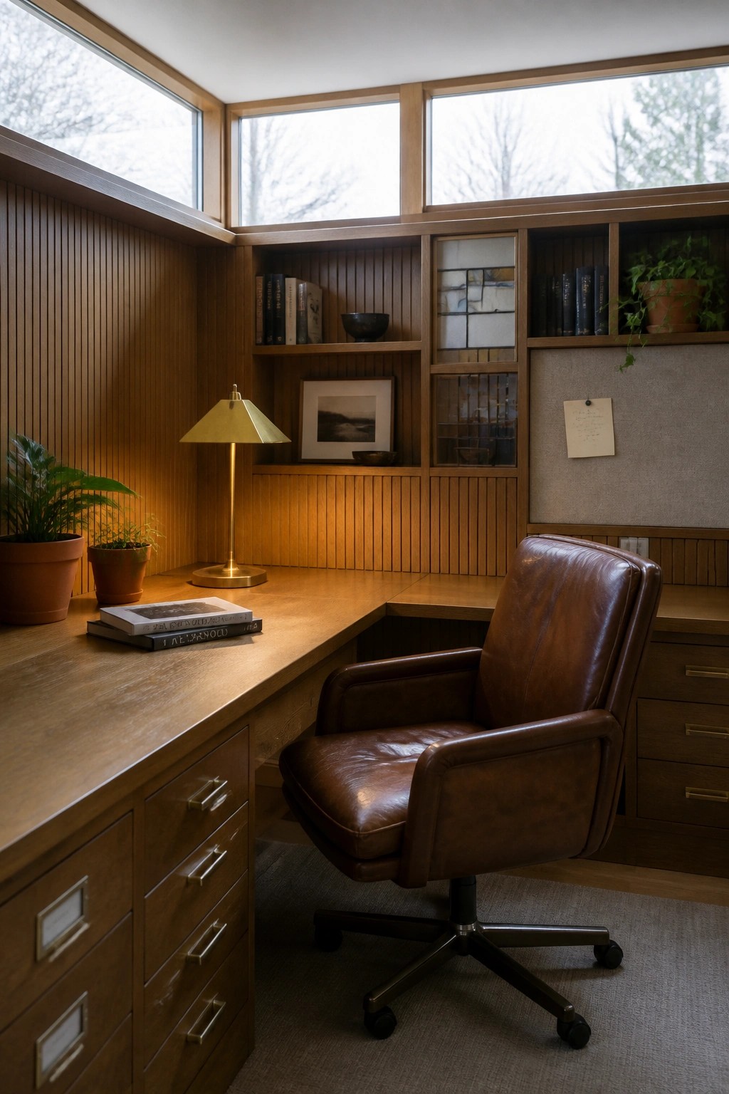 Wooden home office with brown leather chair, brass lamp, and built-in shelves