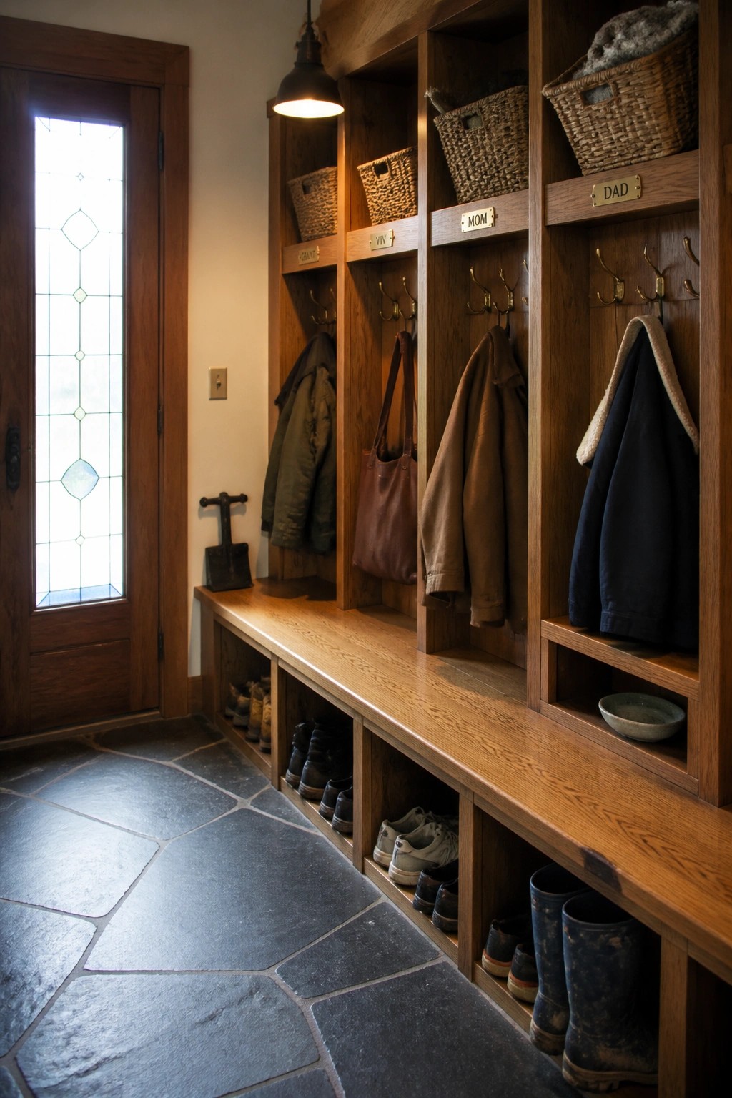 A wooden built-in storage unit along a stone-floored entryway with upper cubbies, brass hooks, lower shoe compartments, and labeled sections holding coats, baskets, and boots.